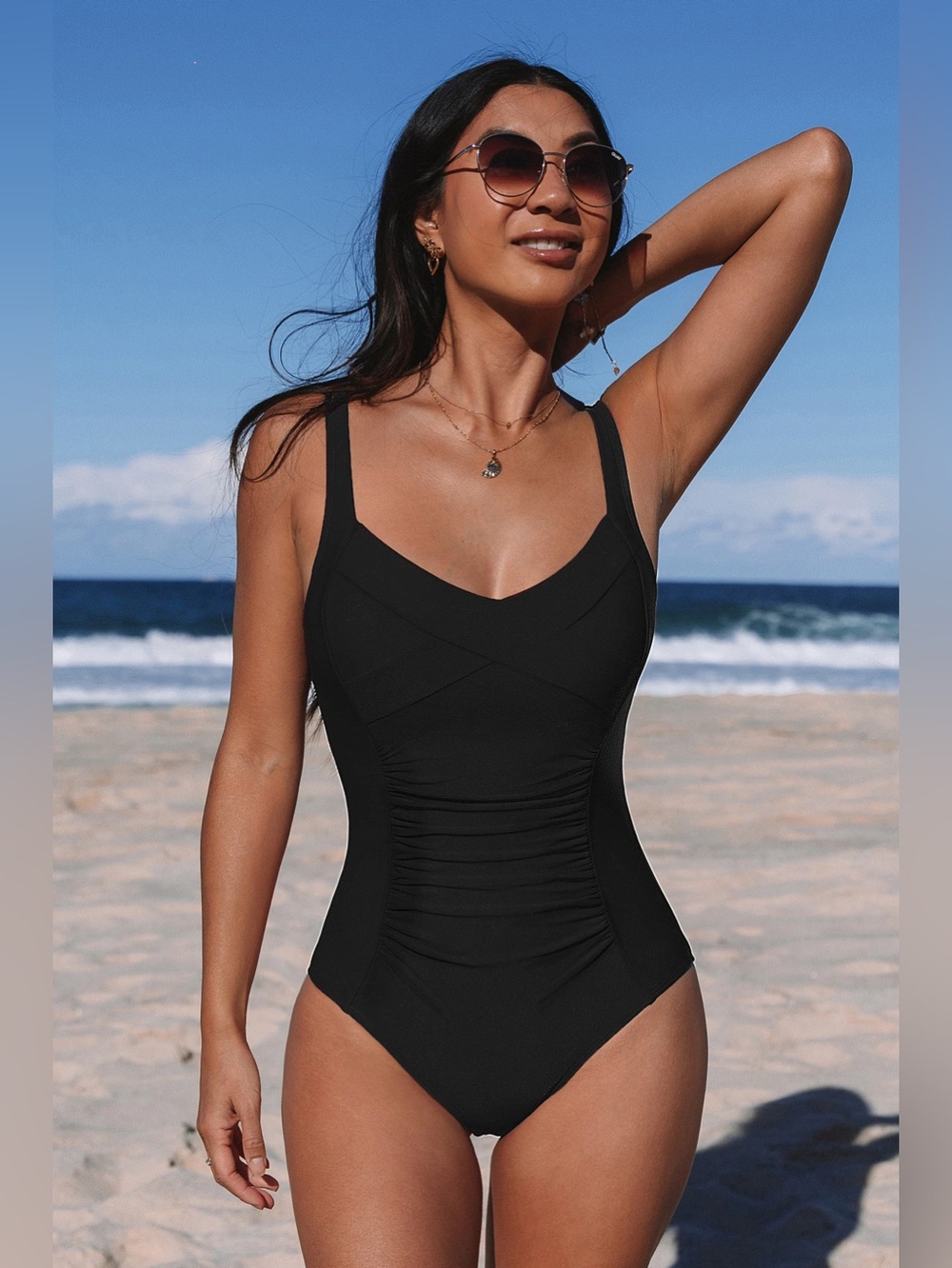 Cupshe;  Women’s Black One-Piece Swim Suit – Classic Ruched Tank